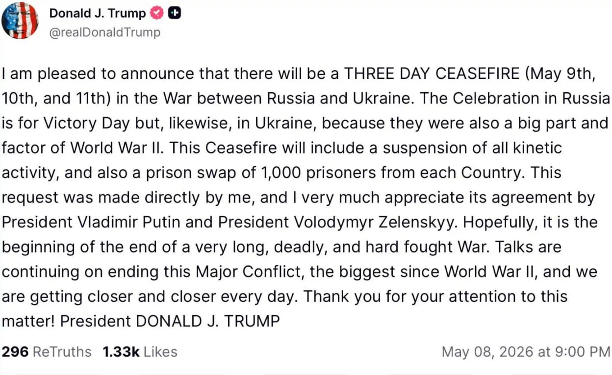 По его словам, перемирие с 9 по 11 мая предложено им лично; оно предполагает приостановку боевых действий и обмен по 1000 пленных с каждой стороны.