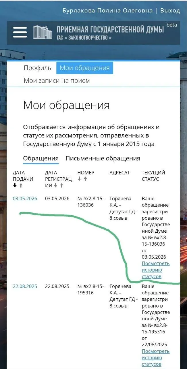 Юристка и волонтерка Полина Бурлакова обратилась к депутатке с требованием ускорить подготовку законопроектов: охранные ордера, запрет приближения агрессоров и усиление ответственности полиции.