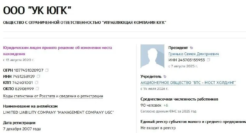 Управляющая компания холдинга перешла под контроль АО «БТС‑Мост Холдинг» Руслана Байсарова. Пакет активов ранее был национализирован — это произошло год назад, 15 июля 2025 года. Компания входит в десятку крупнейших золотодобытчиков России.