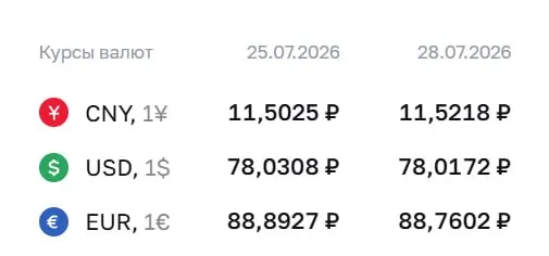 Официальный курс ЦБ на 28 июля: доллар — ₽78,02; евро — ₽88,76; юань — ₽11,52. По курсу ЦБ проходят расчеты по ряду инструментов.